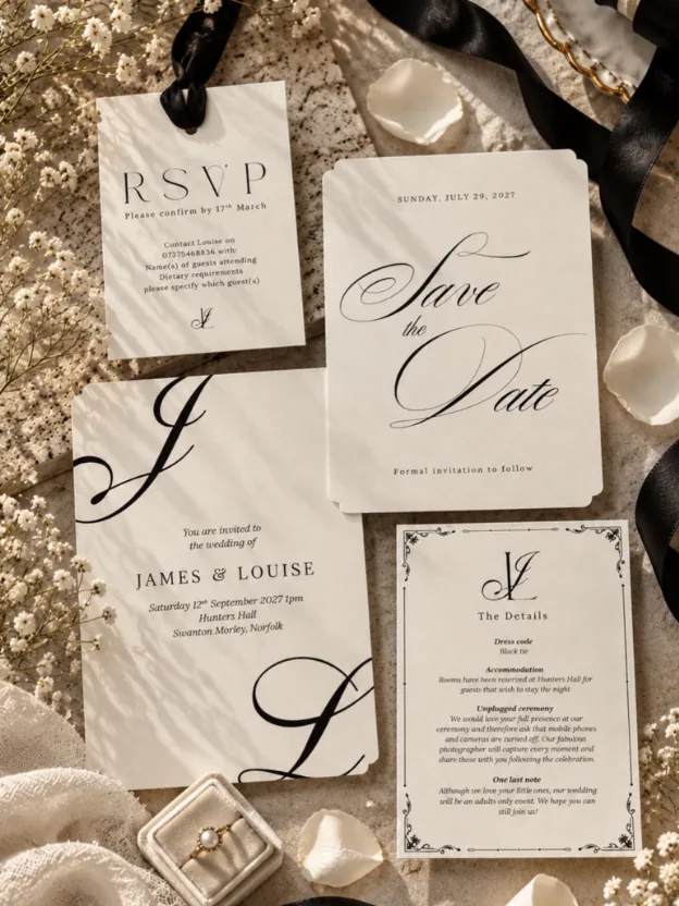 Black and ivory wedding invitation suite with a save the date, RSVP tag and details card, styled with gypsophila and black ribbon