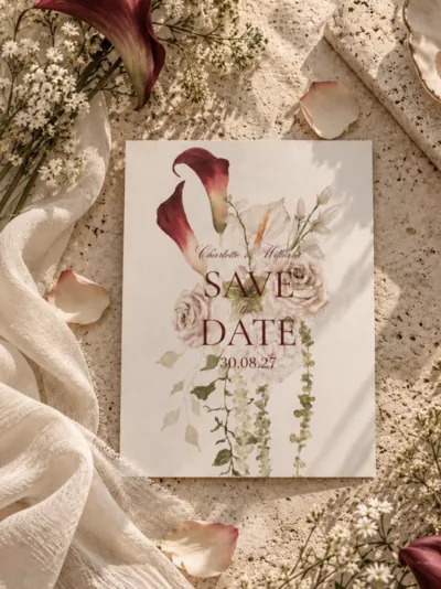 Save the date illustrated with burgundy calla lilies and blush roses, styled with rose petals and gypsophila
