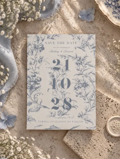English garden save the date in blue toile, with the wedding date in large numerals, styled with hydrangea petals and a wax seal