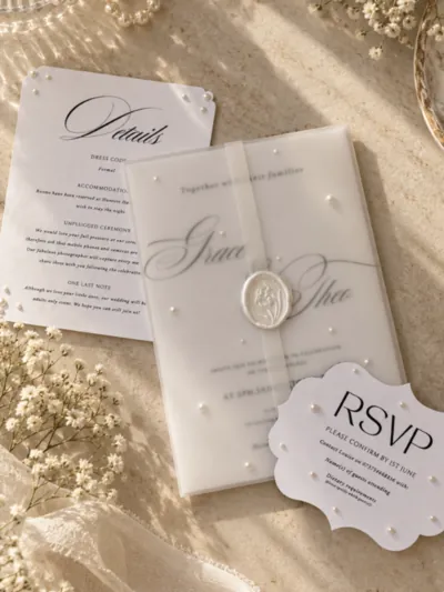 Wedding invitation wrapped in pearl-scattered vellum with an ivory wax seal, beside a details card and RSVP card