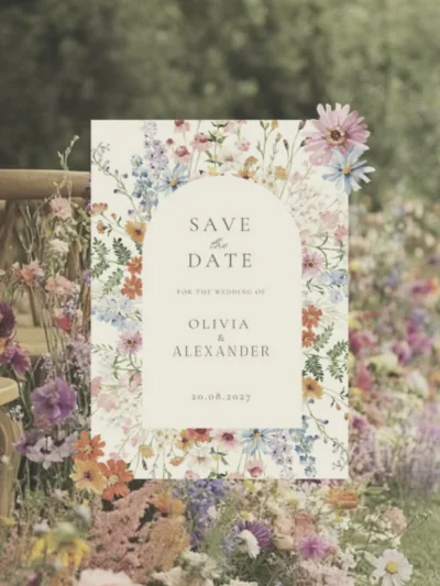 Save the date framed with colourful wildflowers, in front of a wildflower-lined wedding aisle